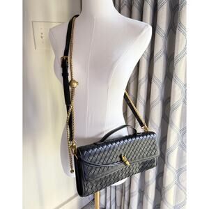 Evening Woven Handbag Black Gold Crossbody Vegan Leather Shoulder Cocktail